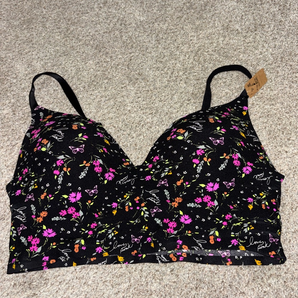 Victoria's Secret Black Floral Bralette with Pink & Orange Accents